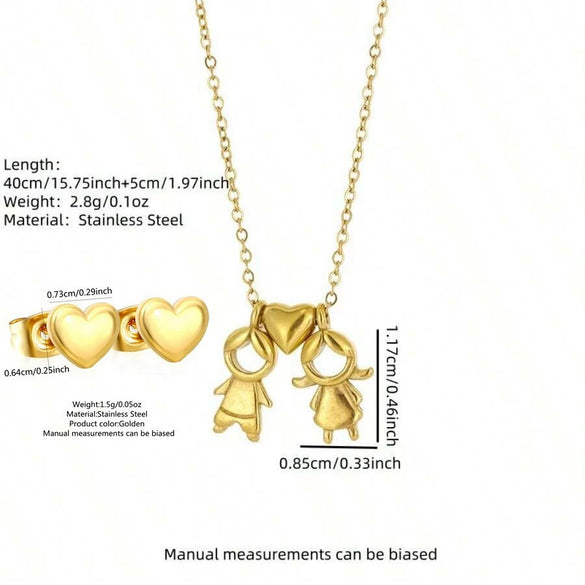 Wholesale Stainless Steel And Titanium Steel Heartshaped Electroplated Earring And Necklace Set For Boys And Girls