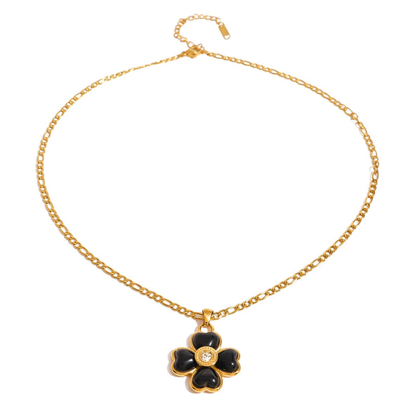 Wholesale Stainless Steel And Titanium Steel Inlaid Black Agate Four Leaf Clover And Heart Shape Necklace With Electroplating And Original Design
