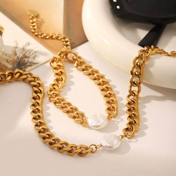 Wholesale Stainless Steel And Titanium Steel Jewelry With Baroque Pearl For Women Cuban Chain Necklace Bracelet Vacuum Plating