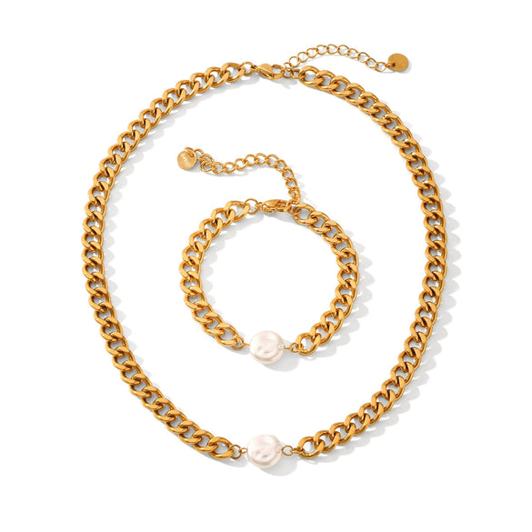 Wholesale Stainless Steel And Titanium Steel Jewelry With Baroque Pearl For Women Cuban Chain Necklace Bracelet Vacuum Plating