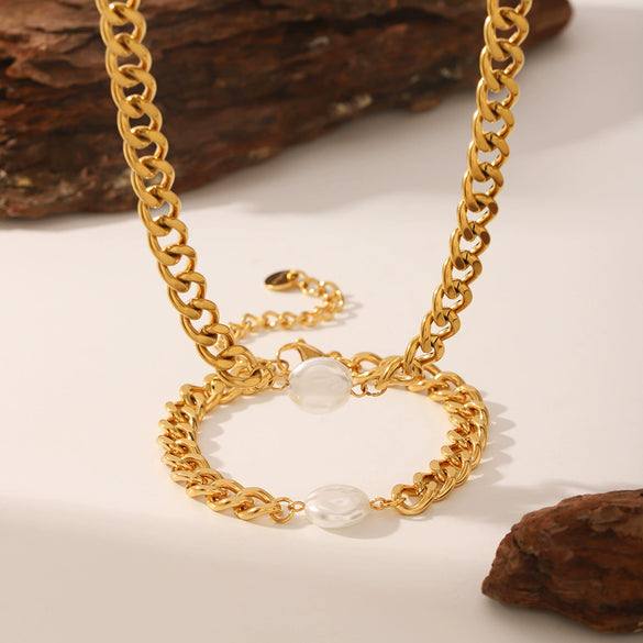 Wholesale Stainless Steel And Titanium Steel Jewelry With Baroque Pearl For Women Cuban Chain Necklace Bracelet Vacuum Plating