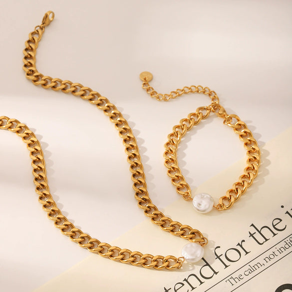 Wholesale Stainless Steel And Titanium Steel Jewelry With Baroque Pearl For Women Cuban Chain Necklace Bracelet Vacuum Plating