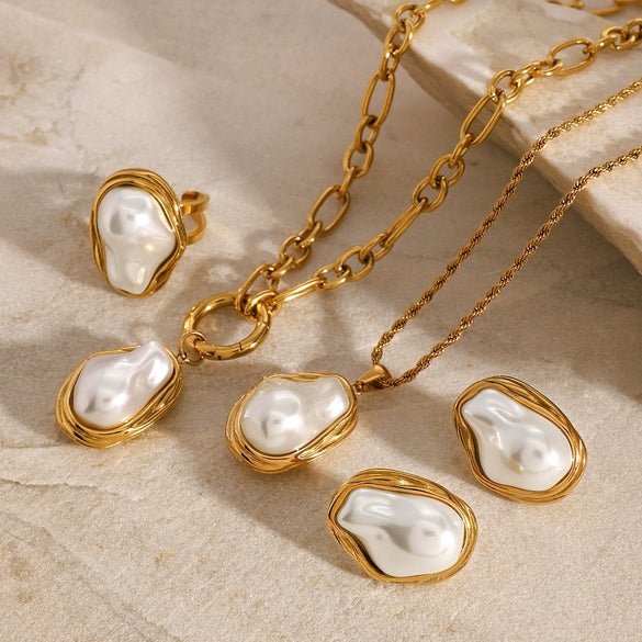Wholesale Stainless Steel And Titanium Steel Jewelry With Pearl Necklace Pendant Exaggerated Niche Earrings And Ring Geometric Pattern Electroplated For Women