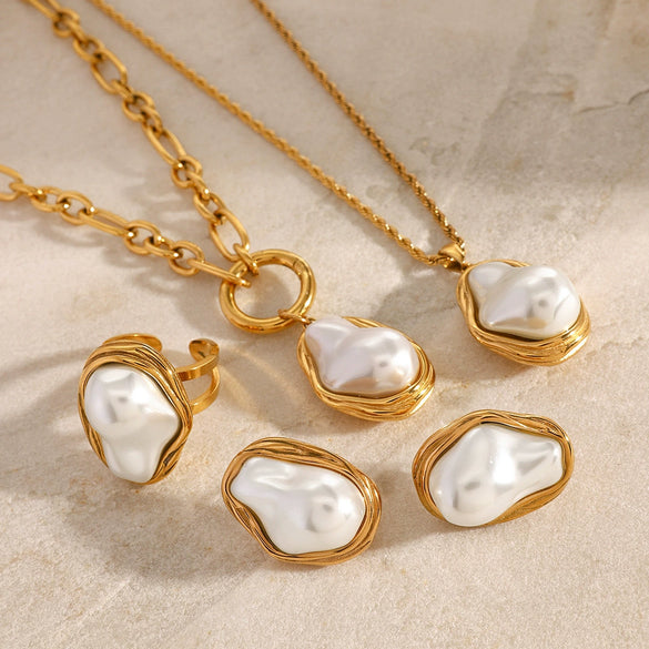 Wholesale Stainless Steel And Titanium Steel Jewelry With Pearl Necklace Pendant Exaggerated Niche Earrings And Ring Geometric Pattern Electroplated For Women