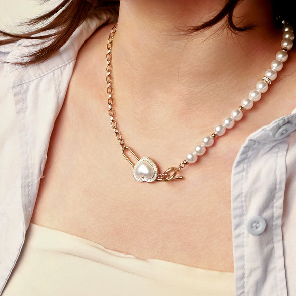 Wholesale Stainless Steel And Titanium Steel Love Imitation Pearl Shape Light Luxury Necklace With Snake Bone Chain And Electroplating For Women