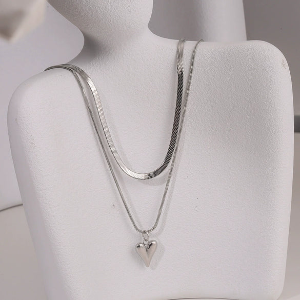 Wholesale Stainless Steel And Titanium Steel Love Peach Heart Double Layer Clavicle Necklace With Snake Bone Chain And Electroplating