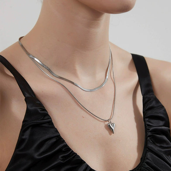 Wholesale Stainless Steel And Titanium Steel Love Peach Heart Double Layer Clavicle Necklace With Snake Bone Chain And Electroplating