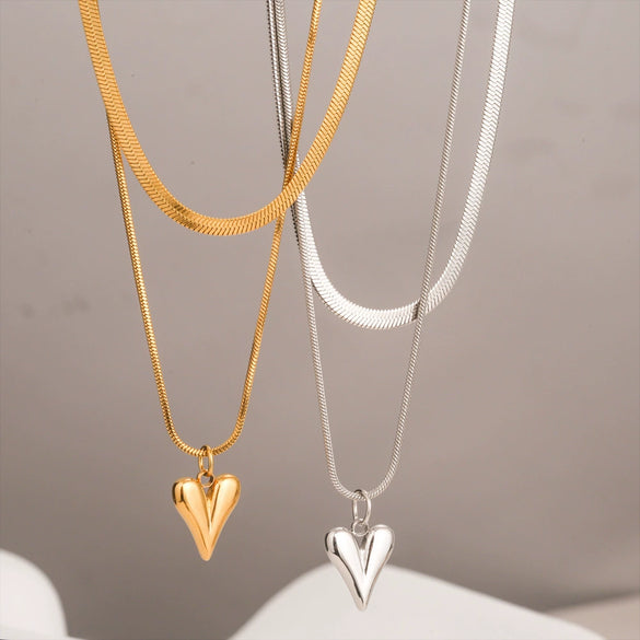 Wholesale Stainless Steel And Titanium Steel Love Peach Heart Double Layer Clavicle Necklace With Snake Bone Chain And Electroplating