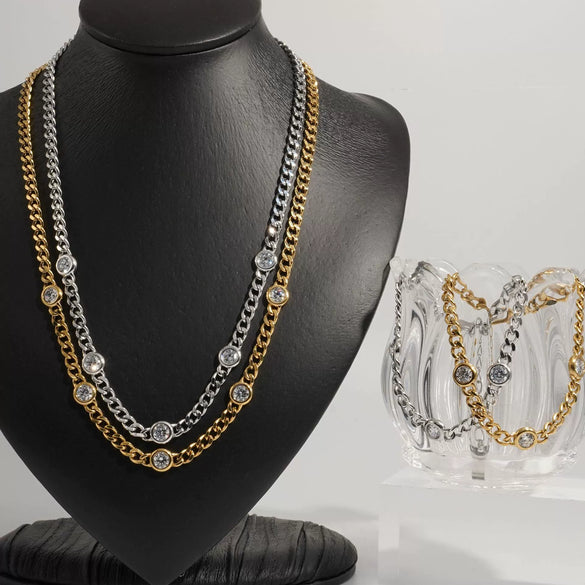 Wholesale Stainless Steel And Titanium Steel Necklace And Bracelet Set With Retro Cuban Chain And Round Zircon Electroplated