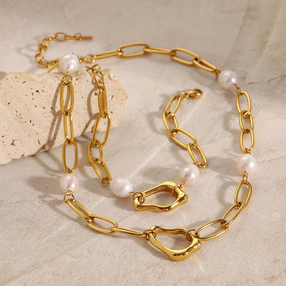 Wholesale Stainless Steel And Titanium Steel Pearl Necklace With Wave Pattern And Electroplating For Women