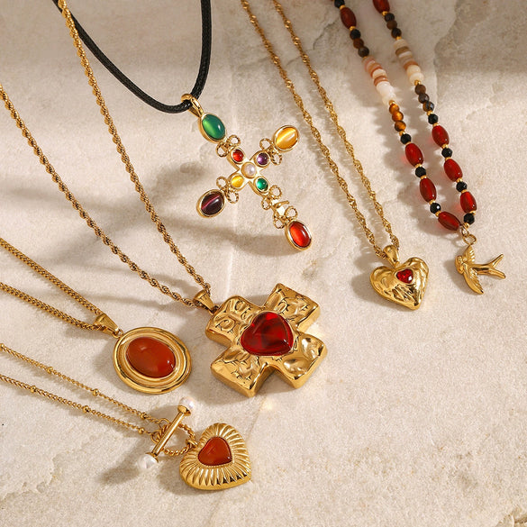 Wholesale Stainless Steel And Titanium Steel Red Agate Cross Love Pendant Clavicle Chain With Electroplating For Women