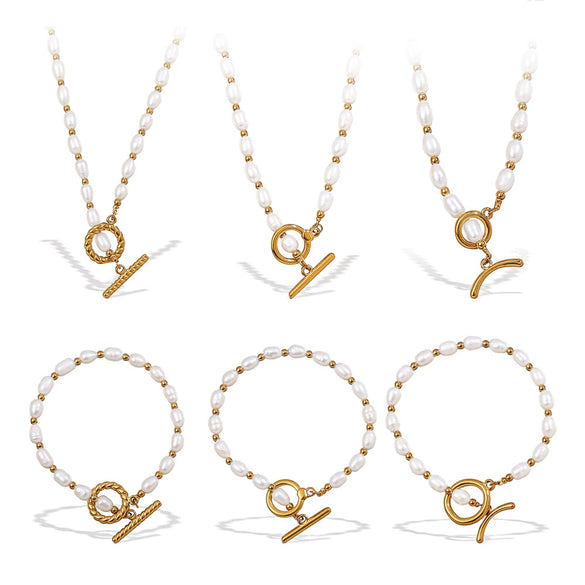 Wholesale 316L Stainless Steel And 316L Stainless Steel Sea Life Pattern Freshwater Pearl Ot Buckle Necklace And Bracelet Set 18K Gold Plated Fashion Style For Women
