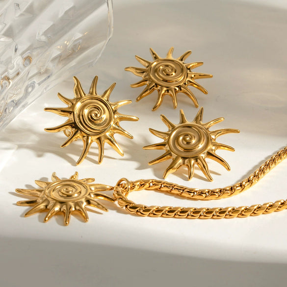 Wholesale Stainless Steel And Titanium Steel Spiral Sunflower Pendant Necklace And Earrings With Electroplating Fashion Retro Creative For Women