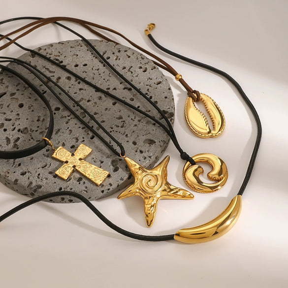 Wholesale Stainless Steel And Titanium Steel Starfish Shaped Women's Necklace With Black Rope Electroplated Treatment Geometric Design