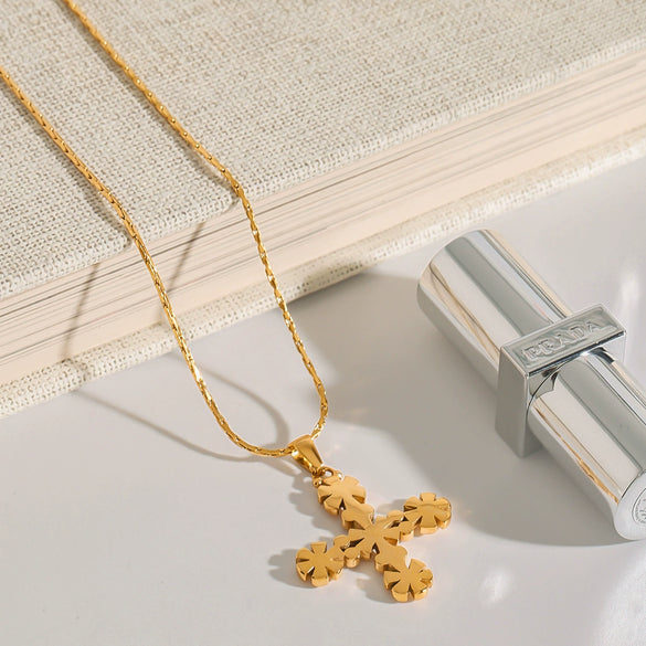 Wholesale Stainless Steel And Titanium Steel Women's Geometric Flower Cross Pendant Necklace With Diamond And Electroplating