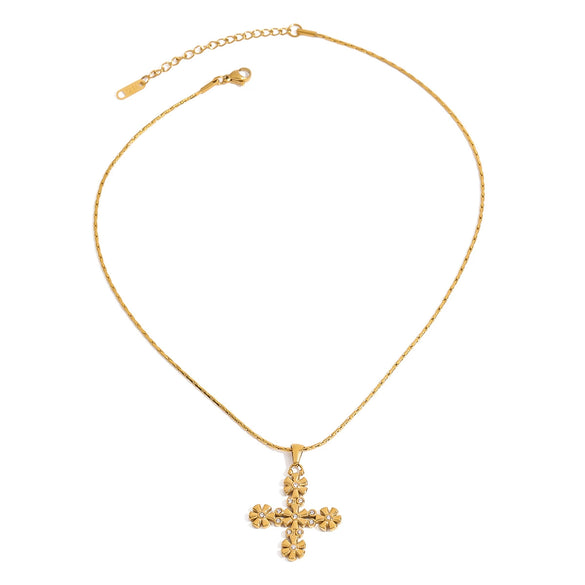Wholesale Stainless Steel And Titanium Steel Women's Geometric Flower Cross Pendant Necklace With Diamond And Electroplating