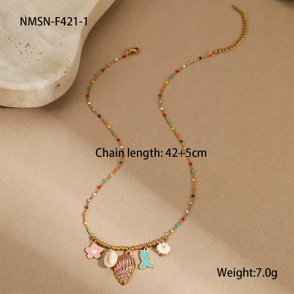 Wholesale Stainless Steel And Titanium Steel Women's Marine Series Clavicle Chain With Geometric Pattern And Oil Dropping Design Electroplated