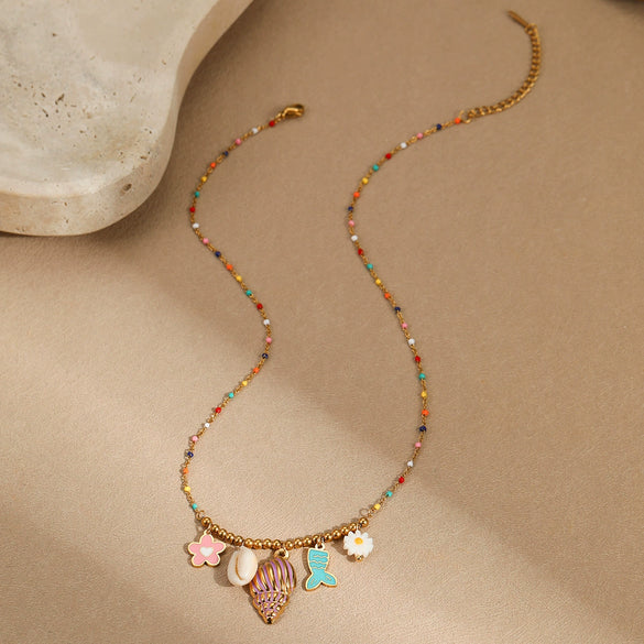 Wholesale Stainless Steel And Titanium Steel Women's Marine Series Clavicle Chain With Geometric Pattern And Oil Dropping Design Electroplated