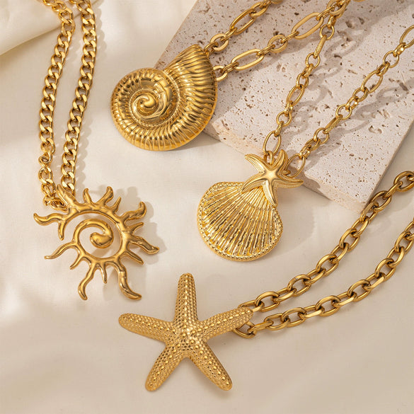 Wholesale Stainless Steel And Titanium Steel Women's Necklace With Conch Starfish Sun Patterns Electroplated Cross Chain Cuban Chain In Ins Nature Style