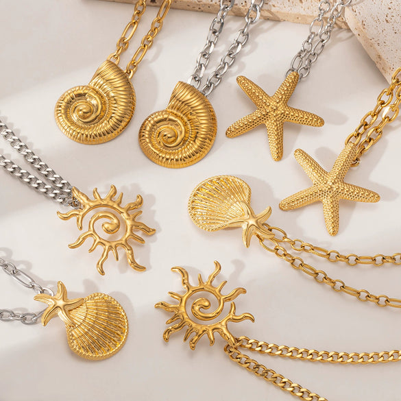 Wholesale Stainless Steel And Titanium Steel Women's Necklace With Conch Starfish Sun Patterns Electroplated Cross Chain Cuban Chain In Ins Nature Style