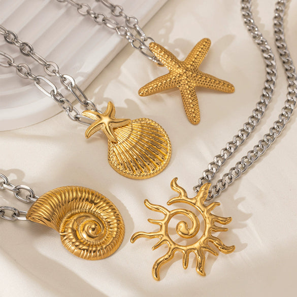 Wholesale Stainless Steel And Titanium Steel Women's Necklace With Conch Starfish Sun Patterns Electroplated Cross Chain Cuban Chain In Ins Nature Style