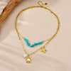 Wholesale Stainless Steel Animal Zodiac Double Layer Overlapping Chain Necklace With Blue Gravel Pearl Electroplated For Women