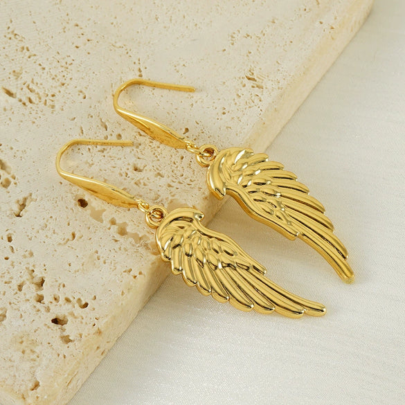 Wholesale 316L Stainless Steel Animal Zodiac Feather Wings Gold Plated Earrings