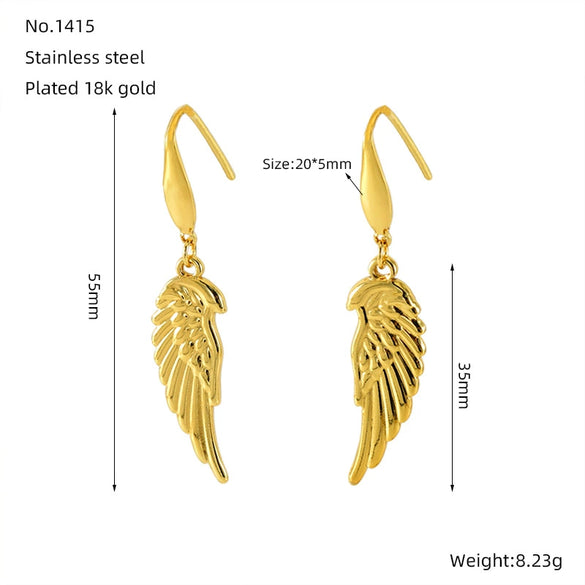 Wholesale 316L Stainless Steel Animal Zodiac Feather Wings Gold Plated Earrings