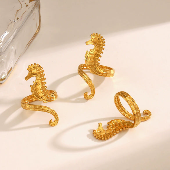 Wholesale Stainless Steel Animal Zodiac Hippocampus Women's Ring With Electroplating