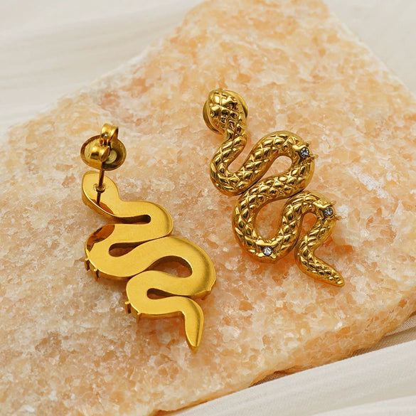 Wholesale Stainless Steel Animal Zodiac Snake Shaped Diamond Encrusted 18K Gold Plated Earrings For Women