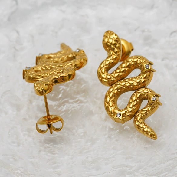 Wholesale Stainless Steel Animal Zodiac Snake Shaped Diamond Encrusted 18K Gold Plated Earrings For Women