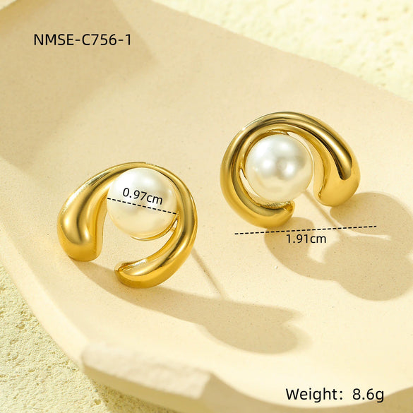 Wholesale Stainless Steel Asymmetrical Cshaped Shell Beads Pearl Titanium Steel Electroplated Minimalist Women's Earrings