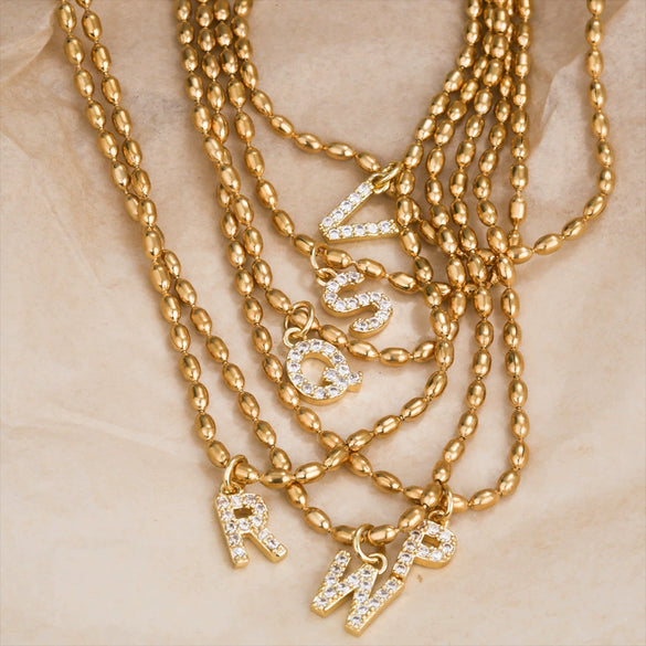 Wholesale Stainless Steel Ball Chain Necklace With Copper Letter Pendant And Zircon For Women
