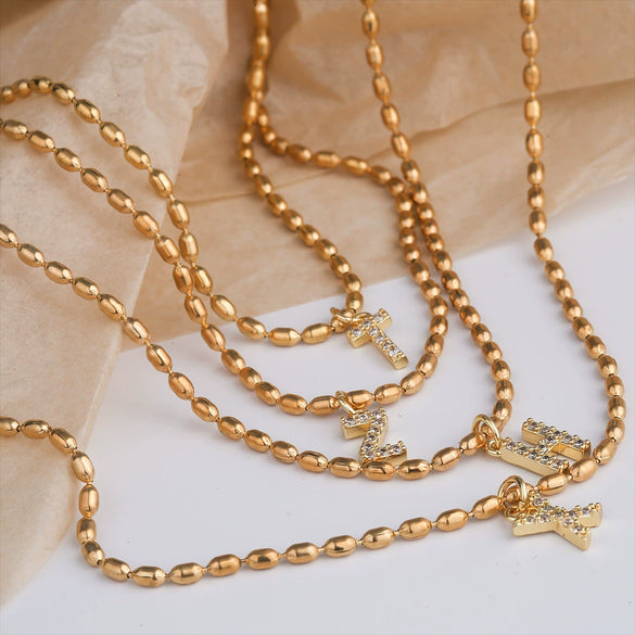 Wholesale Stainless Steel Ball Chain Necklace With Copper Letter Pendant And Zircon For Women