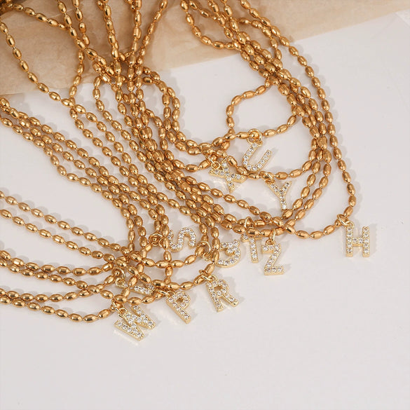 Wholesale Stainless Steel Ball Chain Necklace With Copper Letter Pendant And Zircon For Women