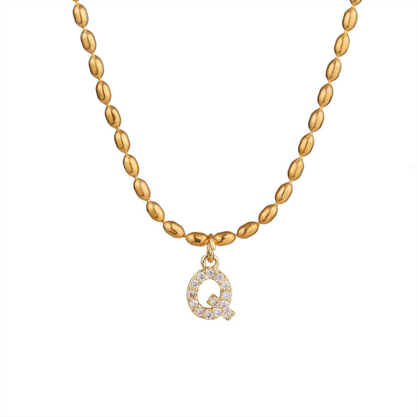 Wholesale Stainless Steel Ball Chain Necklace With Copper Letter Pendant And Zircon For Women