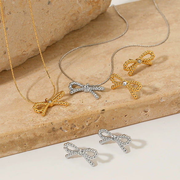 Wholesale Stainless Steel Bow Earrings And Butterfly Necklace For Women With Electroplating Featuring Butterfly Dragonfly And Insect Patterns