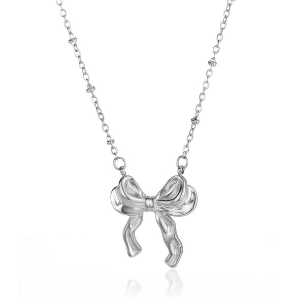 Wholesale Stainless Steel Bow Earrings And Clavicle Chain Set With 18K Gold Electroplating For Women