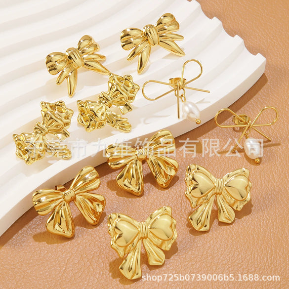 Wholesale Stainless Steel Bow Earrings Electroplated Trendy Style For Women