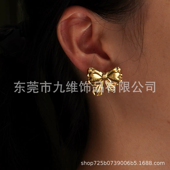 Wholesale Stainless Steel Bow Earrings Electroplated Trendy Style For Women