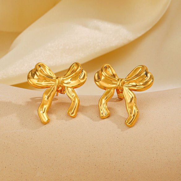 Wholesale Stainless Steel Bow Earrings 18K Gold Plated Hip Hop Style For Women