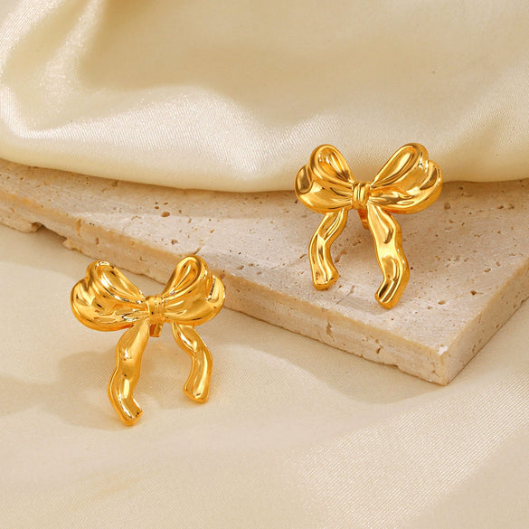 Wholesale Stainless Steel Bow Earrings 18K Gold Plated Hip Hop Style For Women
