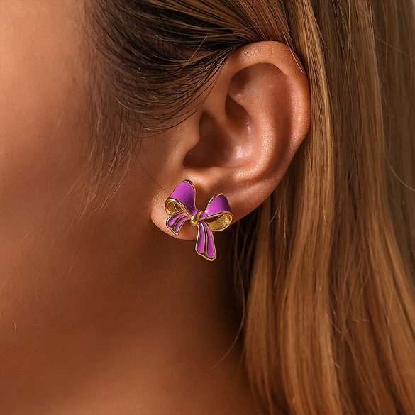 Wholesale Stainless Steel Bow Geometric Earrings With Oil Painting Texture And Electroplating For Women
