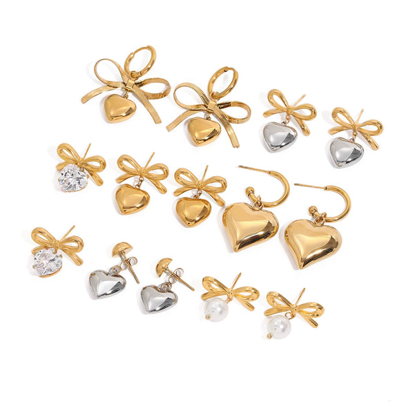 Wholesale Stainless Steel Bow Heart Shape Earrings For Women With Electroplating Design And Zircon