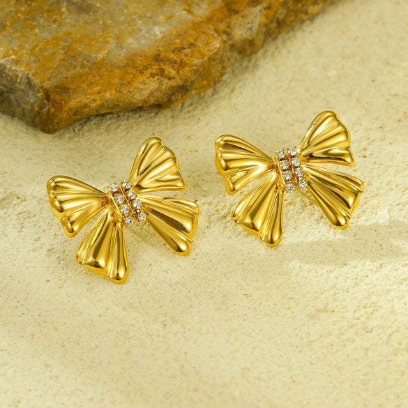 Wholesale Stainless Steel Bow Inlaid Zircon Earrings With Electroplating Treatment For Women