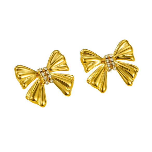 Wholesale Stainless Steel Bow Inlaid Zircon Earrings With Electroplating Treatment For Women