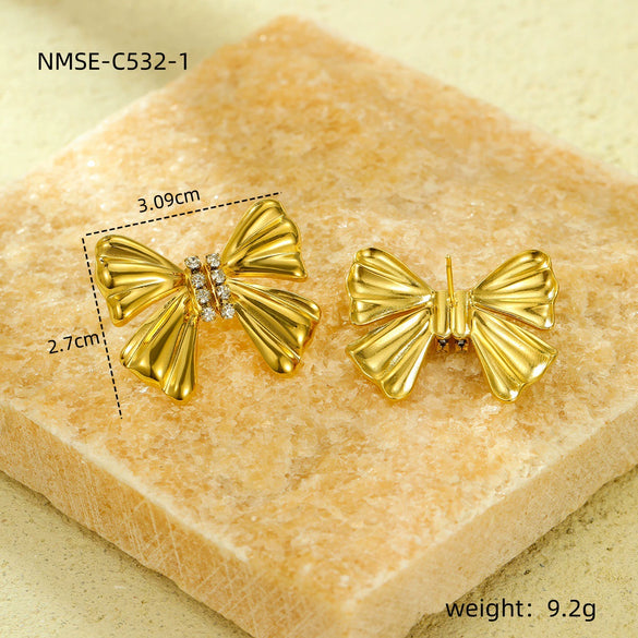 Wholesale Stainless Steel Bow Inlaid Zircon Earrings With Electroplating Treatment For Women
