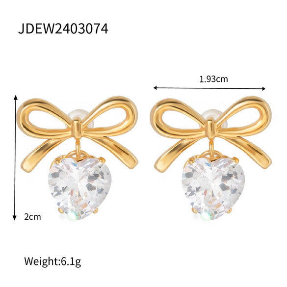 Wholesale Stainless Steel Bow Retro Style Earrings With White Zircon For Women