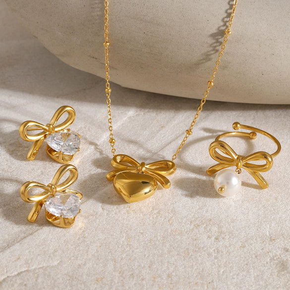 Wholesale Stainless Steel Bow Retro Style Earrings With White Zircon For Women