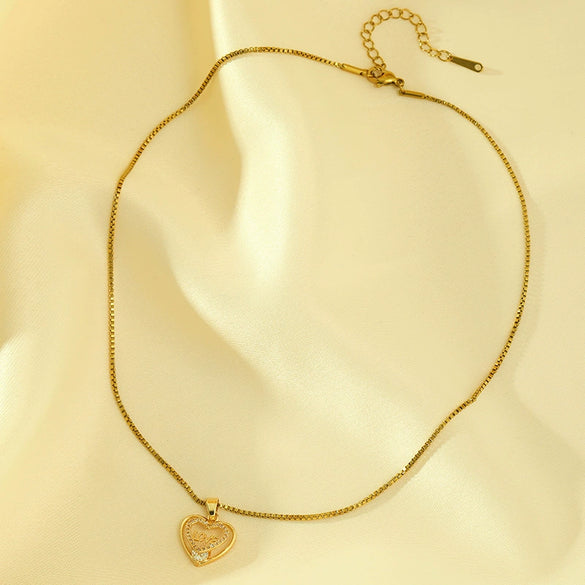Wholesale Stainless Steel Box Chain Heartshaped Necklace With Mixed Gemstone Inlay Pendant And Electroplating Treatment